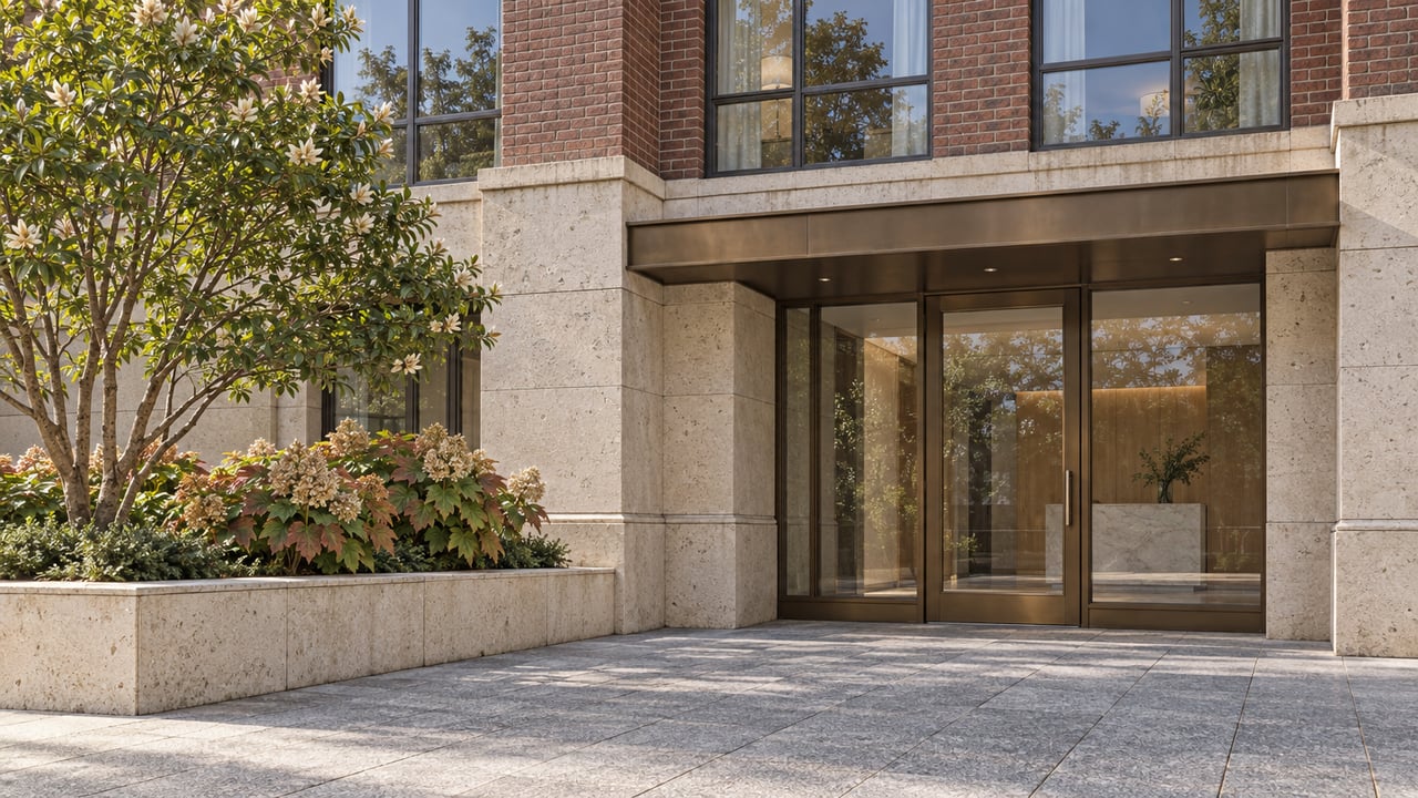 Stone and brick condominium entrance with bronze-framed glass, a granite terrace and a planted limestone border.