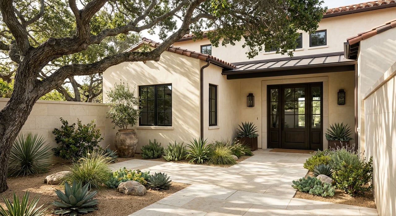 Walnut entry door with brass hardware opens onto a limestone-paved courtyard with sculptural desert plants.