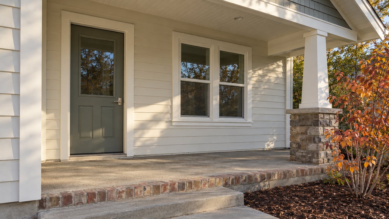 Sunlit cream clapboard cottage porch with a gray-green door, paired white windows, concrete step and bronze autumn serviceberry leaves.