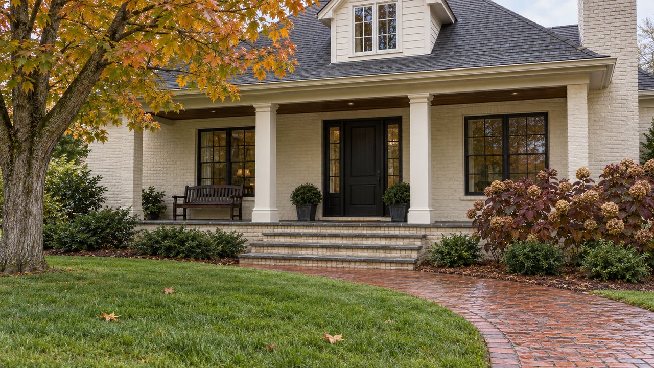 An autumn lawn and curved brick walk lead to a covered porch on a painted-brick home with a steep gable and amber maple leaves.