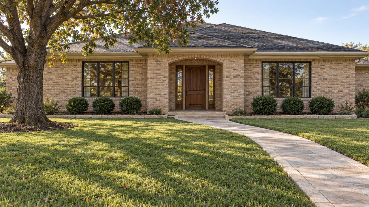Wide buff-brick single-story home with a recessed oak entry, limestone walk, deep green lawn and a mature spreading oak.
