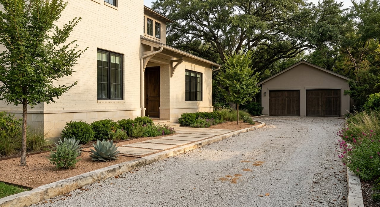 Cream-brick home beside a curving limestone drive, with a taupe outbuilding and dark cedar doors.