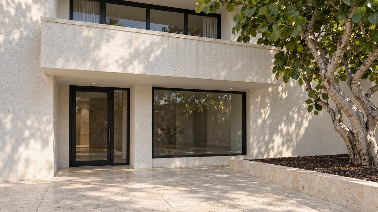 Pale stucco condominium entrance and solid balcony above a limestone court, shaded by one sculptural sea-grape tree.