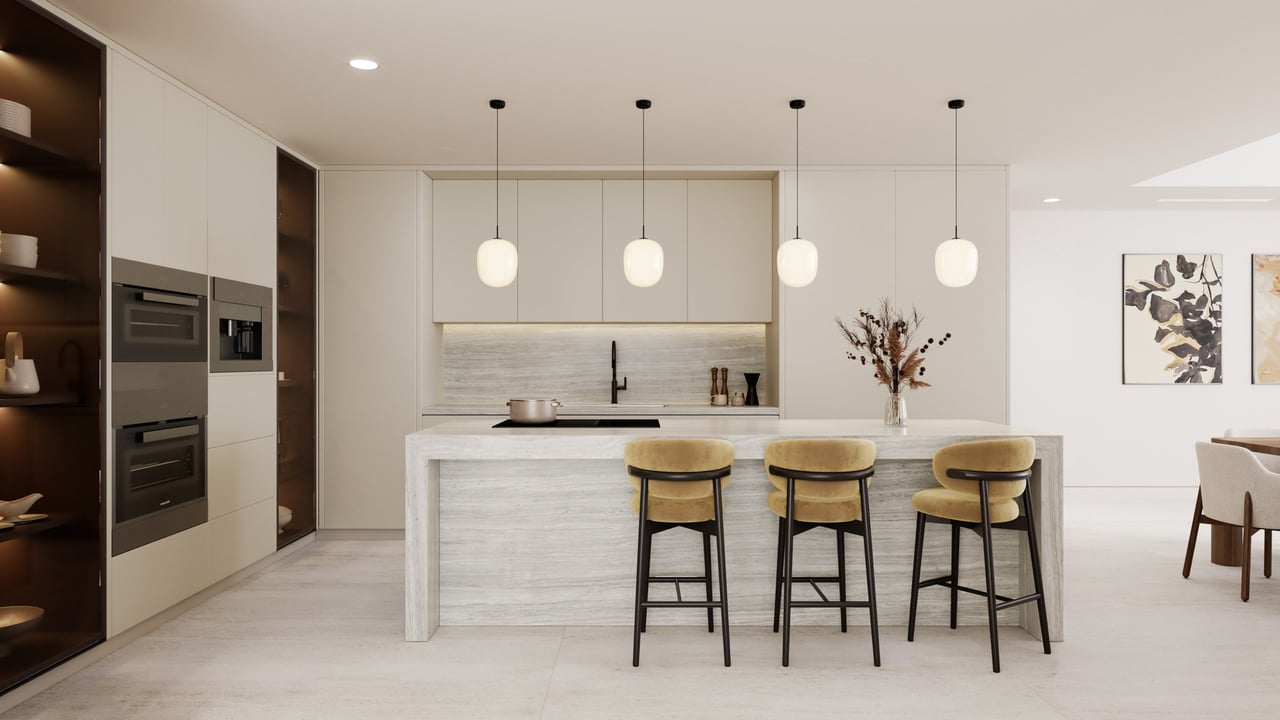 Rendering of residence kitchen at MILA Bay Harbor in Bay Harbor Islands.