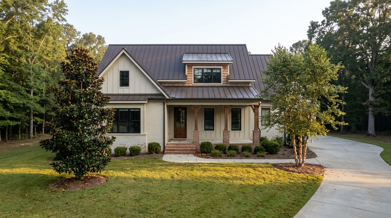 Craftsman-style home with a covered porch, dark metal roof, curving driveway, and broad lawn framed by mature trees.