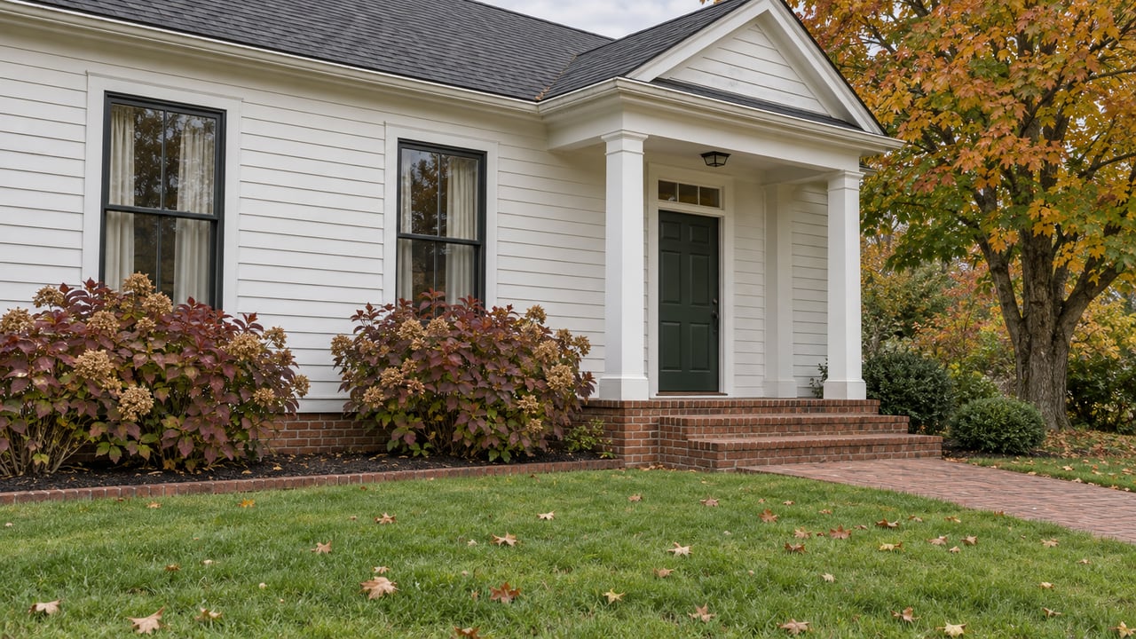 White-sided traditional home with brick steps, deep green lawn and an amber-leaved maple under soft autumn light.
