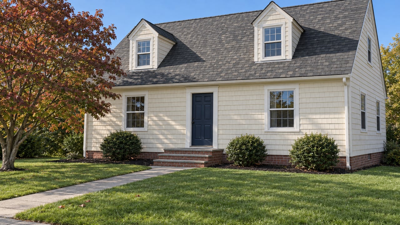 Cream-shingled house with two dormers, a navy front door, brick steps and a deep green lawn in autumn sunlight.