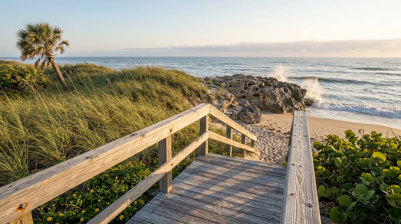 Weathered boardwalk leads toward a pitted limestone outcrop as waves break beside sea oats and a leaning palm.