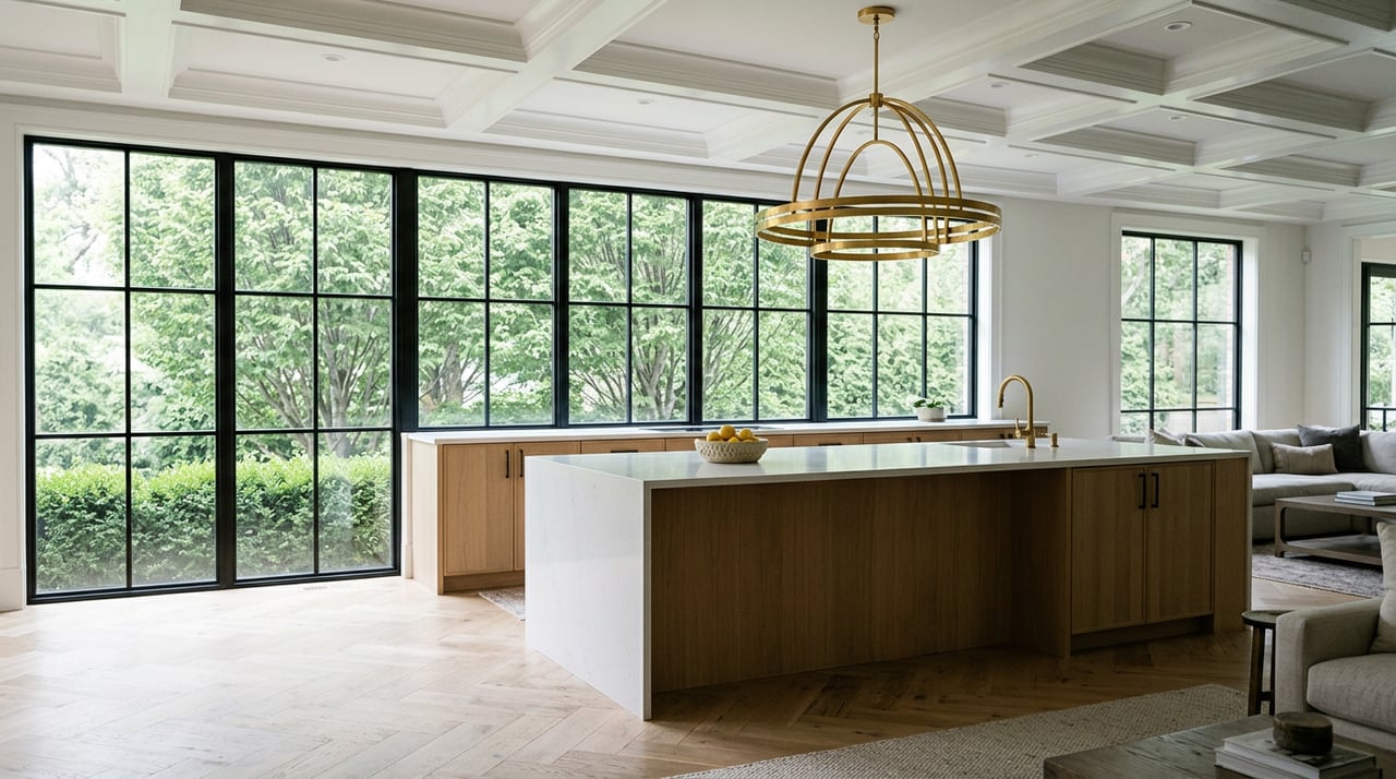 Open-plan kitchen with a light oak island, brass chandelier, herringbone floor, and hornbeam trees beyond black-framed windows.