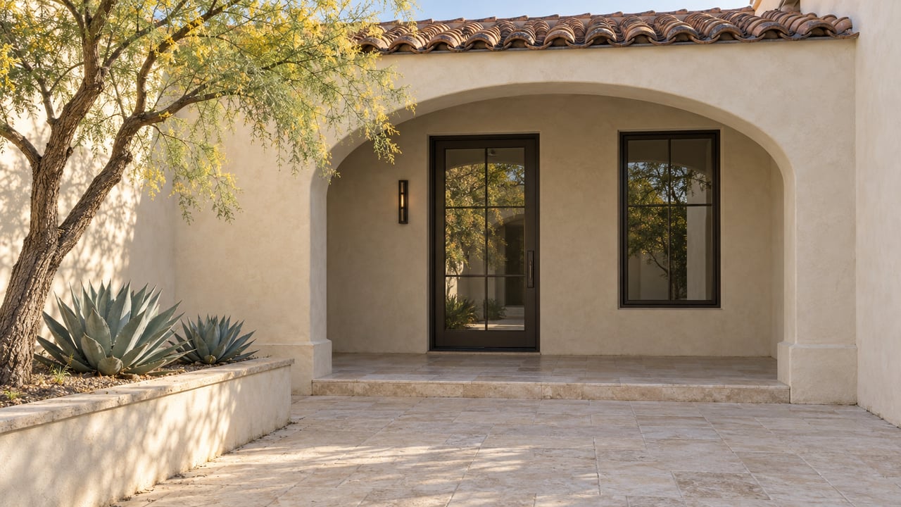Stucco courtyard with a broad arched porch, glazed bronze entry door, limestone paving, and an open-canopied tree.