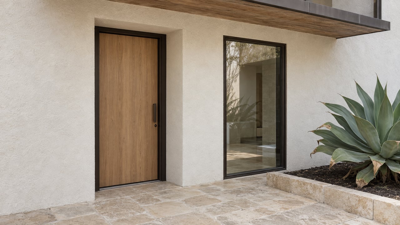 Condominium entry with a closed oak door, tall bronze-framed window, cedar balcony soffit, and a single agave.