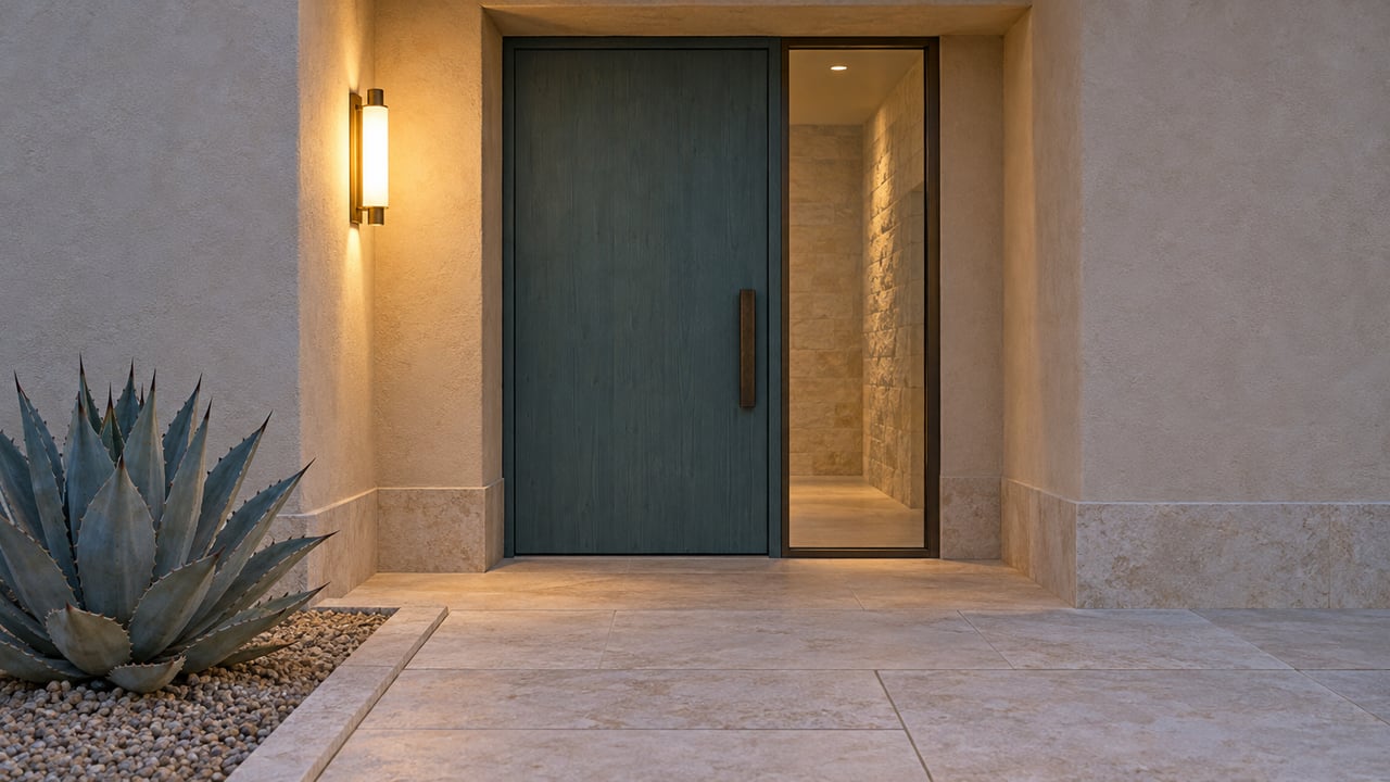 An illuminated sand-stucco entry with a blue-green door, glazed sidelight, pale limestone paving and one blue-gray agave.