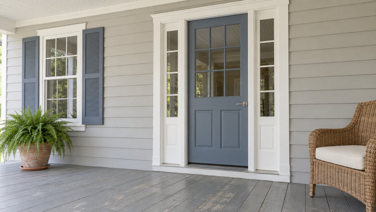 Covered porch with pale gray lap siding, a blue divided-light front door, matching sidelights, wicker chair and a potted fern.