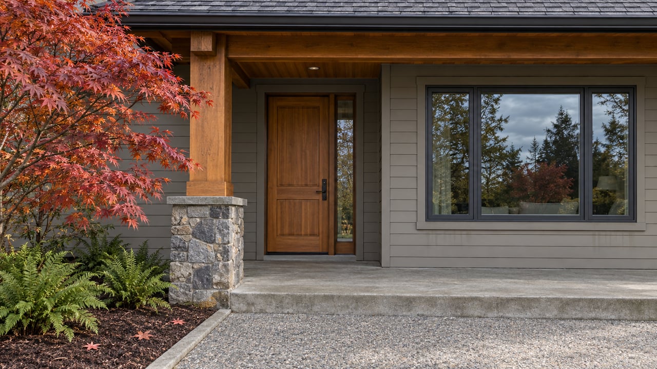 Covered home entry with a cedar door, gray siding, basalt column base and an autumn Japanese maple beside a concrete approach.