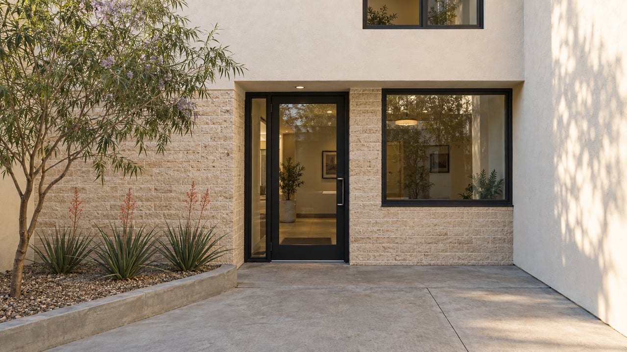 Recessed glass lobby door in a two-story stucco apartment building, opening onto a concrete courtyard with desert plants.