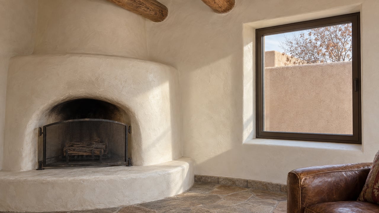 Rounded plaster fireplace beside a closed bronze-framed window overlooking a sand-colored courtyard wall.