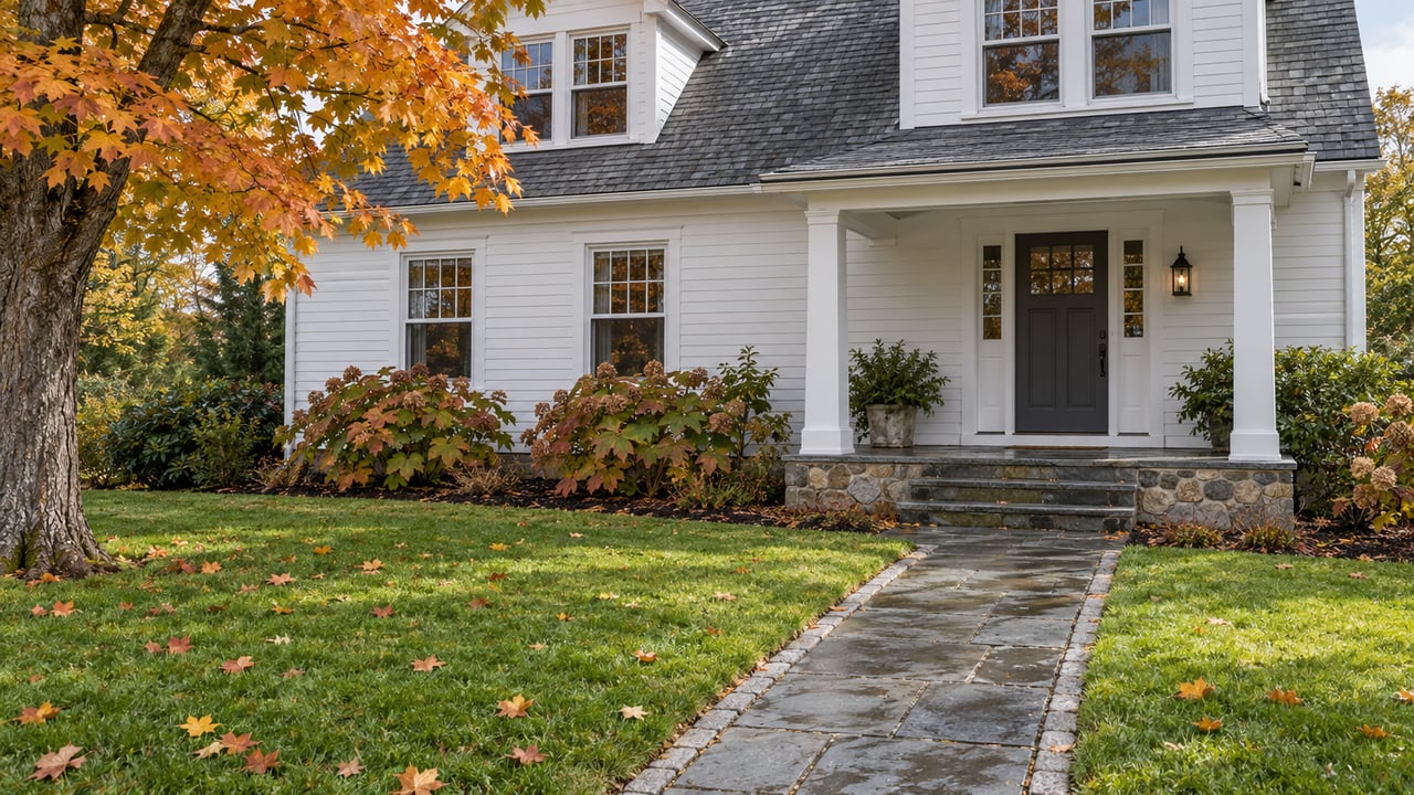 White clapboard home with a sheltered entrance, fieldstone porch base and bluestone approach across an autumn lawn beneath a sugar maple.