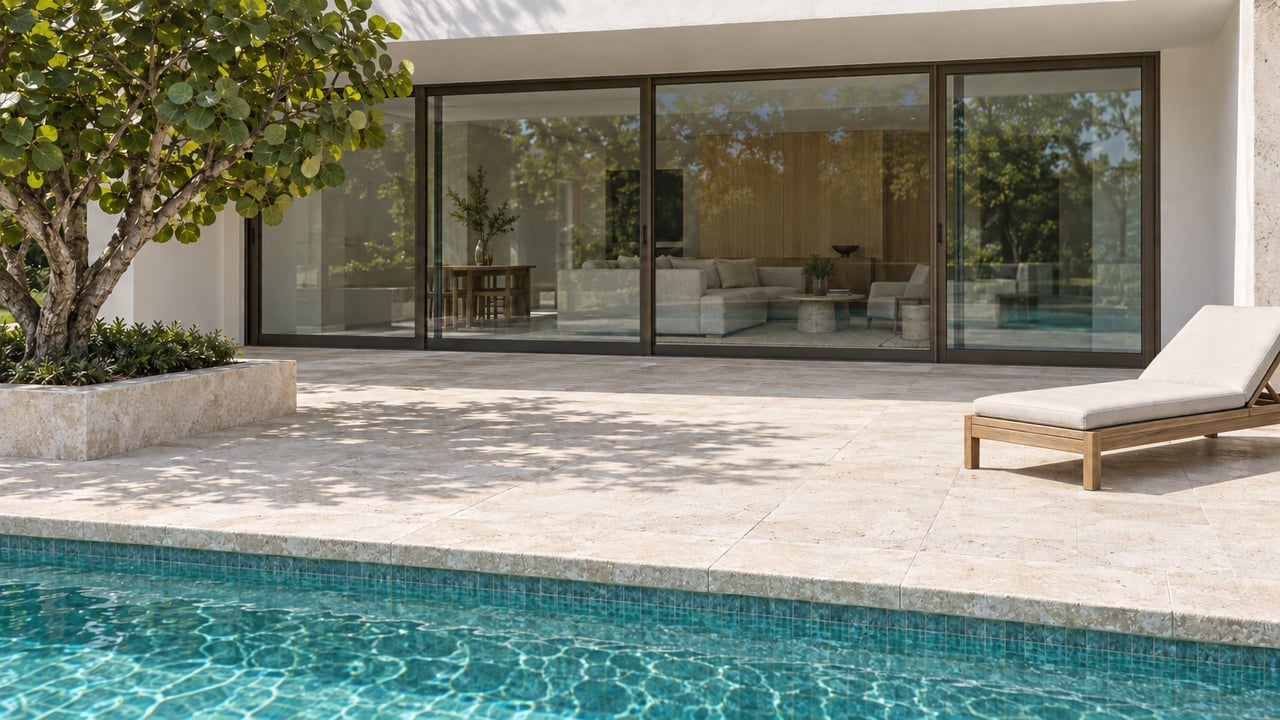 Limestone pool terrace with a teak chaise and sea grape tree outside a white stucco home with closed bronze-framed glass doors.
