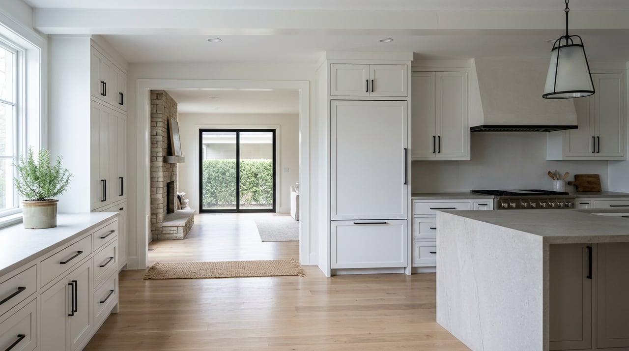 White shaker kitchen with a stone island, black pendant, and doorway to a family room with a stone fireplace.