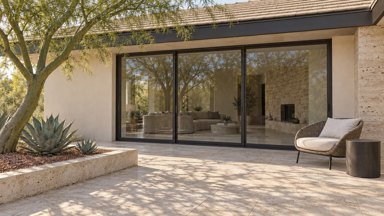 A sunlit limestone terrace beside a contemporary home with ivory plaster, closed glass sliders, a woven lounge chair and sculptural desert planting.
