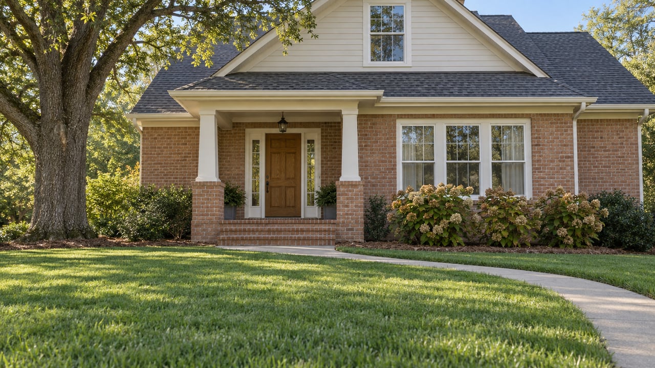 Brick and cream-sided home with a raised covered porch, oak front door, broad window bay and deep front lawn beneath a mature white oak.