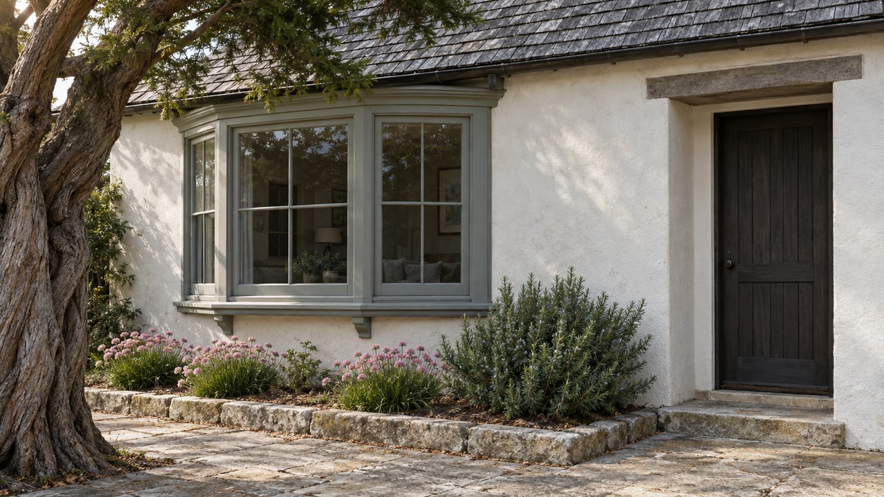 Coastal cottage facade with a bay window, recessed timber door, and cypress beside a narrow garden bed.