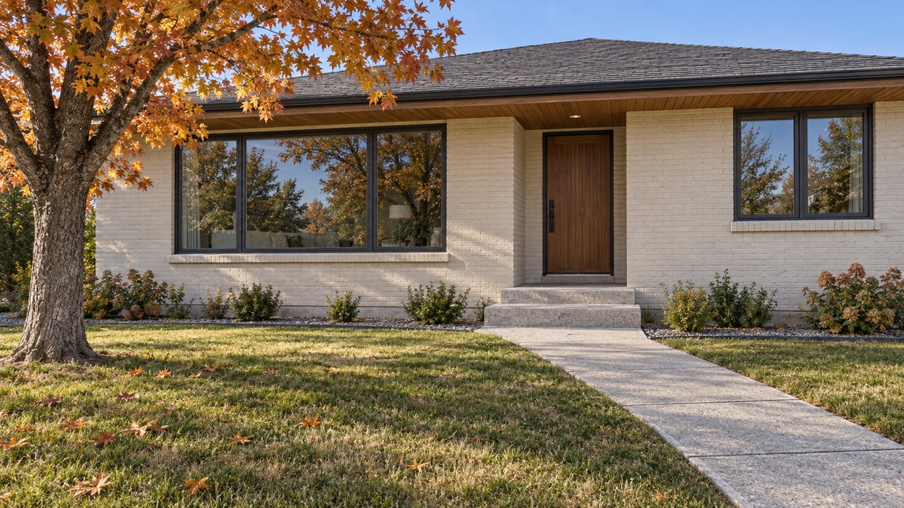 Renovated ivory brick home with cedar eaves, broad windows and a copper-leaved maple beside an autumn lawn.