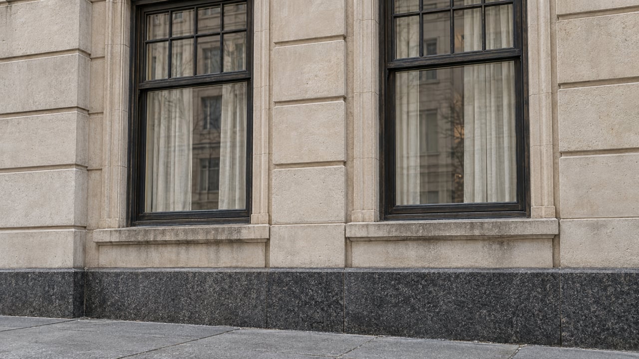 Two bronze-framed residential windows in weathered buff limestone above a dark granite base and gray sidewalk.