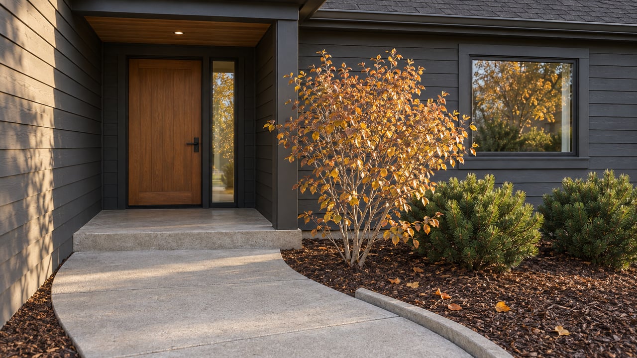 Charcoal-sided home with a recessed wooden front door, curved concrete approach and golden serviceberry leaves.