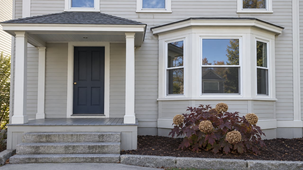 Pale gray clapboard home with a navy porch door, white bay windows, worn granite steps and an autumn oakleaf hydrangea.
