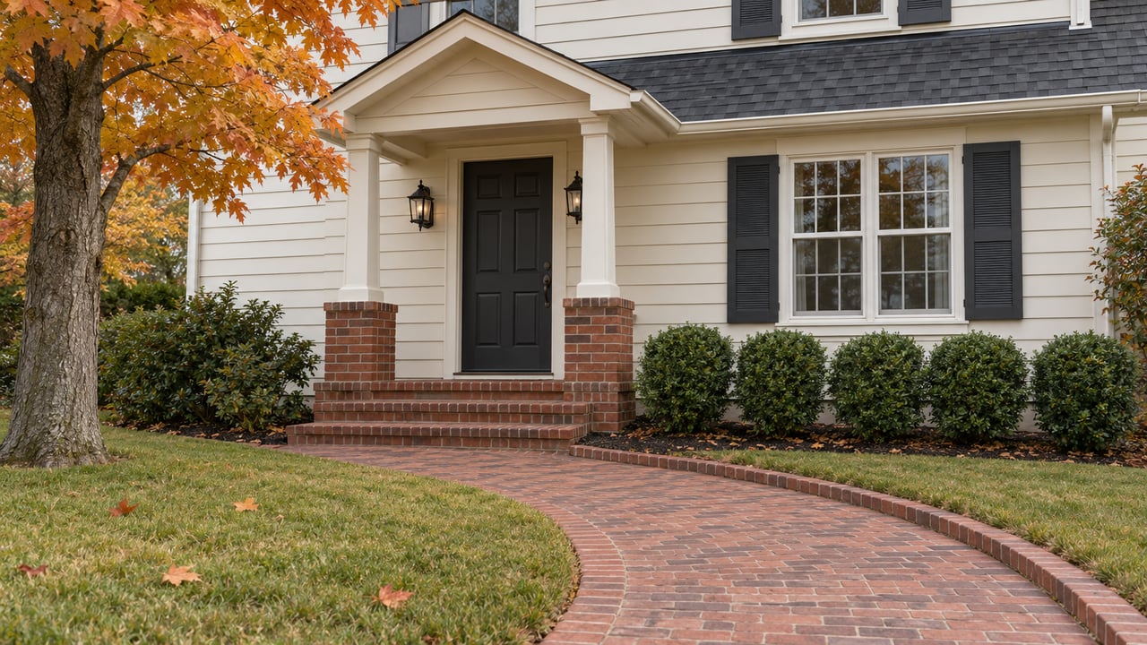 Cream lap-sided home with a covered charcoal entry, shuttered window, curved brick walk and autumn maple leaves.