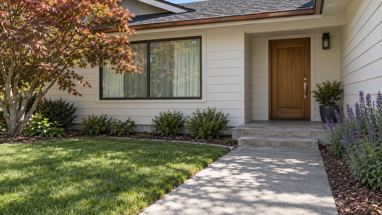 Sunlit single-story home with off-white siding, a wood front door, a broad window and an aged concrete path beside lawn and flowering sage.