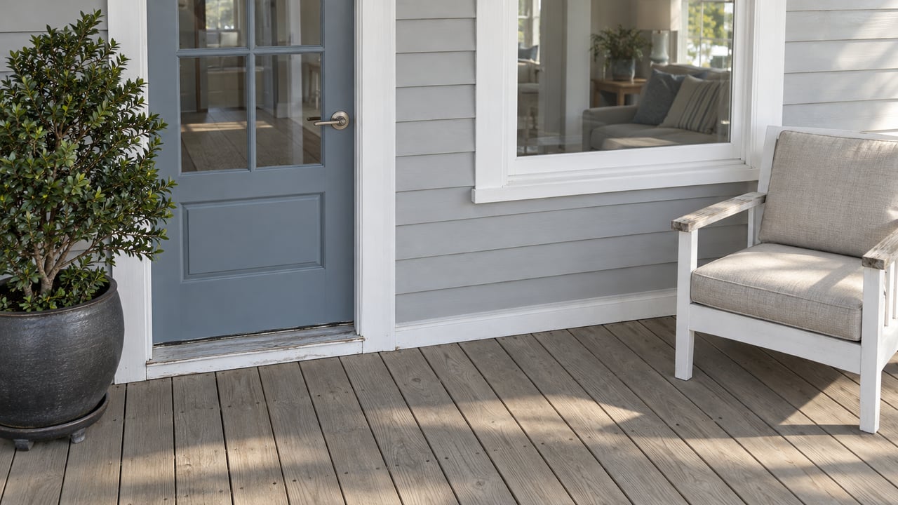 A pale-sided raised home's porch with a glazed blue-gray door, weathered decking, a white armchair, and a potted yaupon holly.