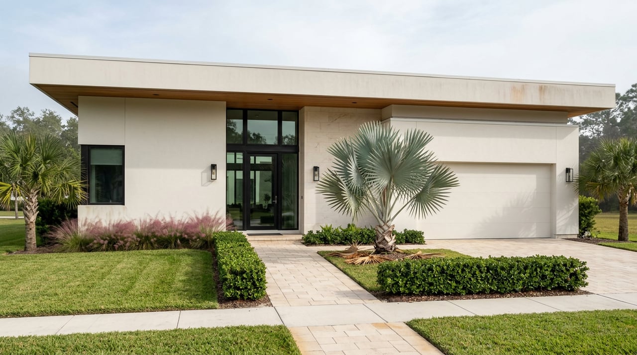 Modern coastal home with off-white stucco, limestone entry wall, fan palm, and paver walkway.