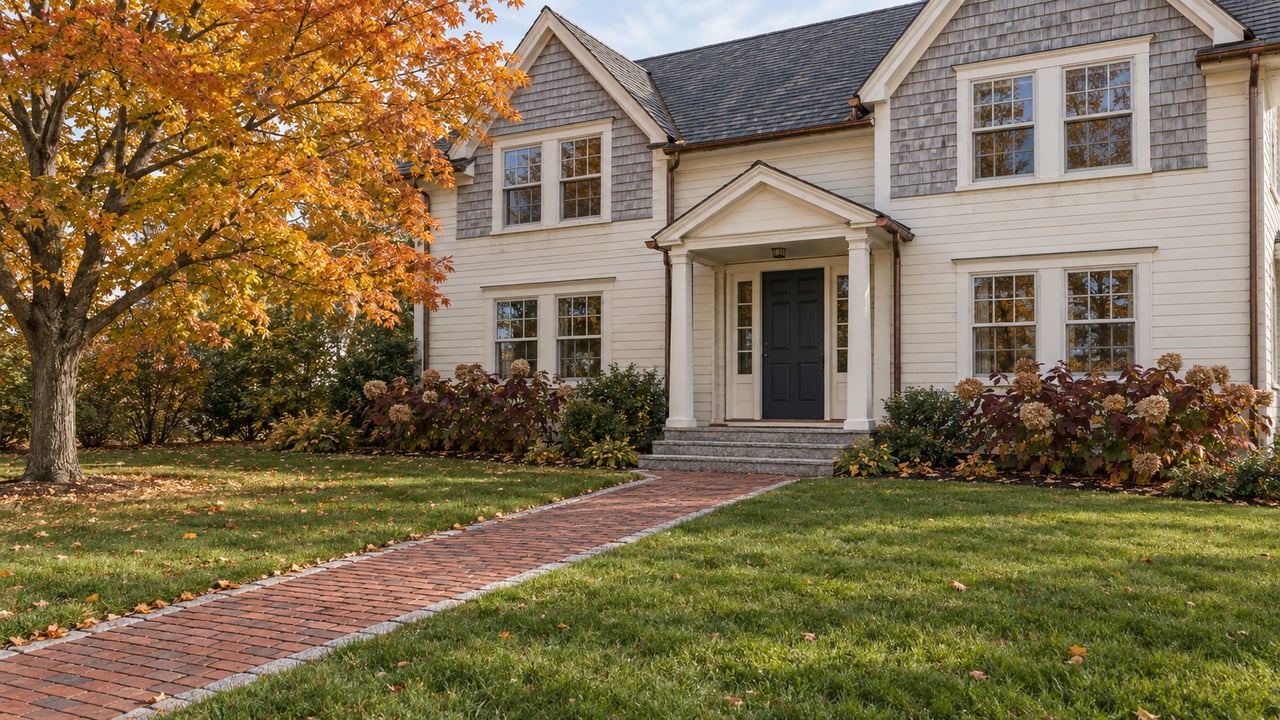 Autumn maple frames a clapboard and shingle home with a blue front door, granite steps and a brick walk across a deep lawn.
