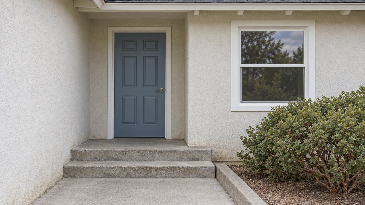 A blue-gray front door and white-trimmed window in an off-white stucco home, above worn concrete steps beside a manzanita shrub.