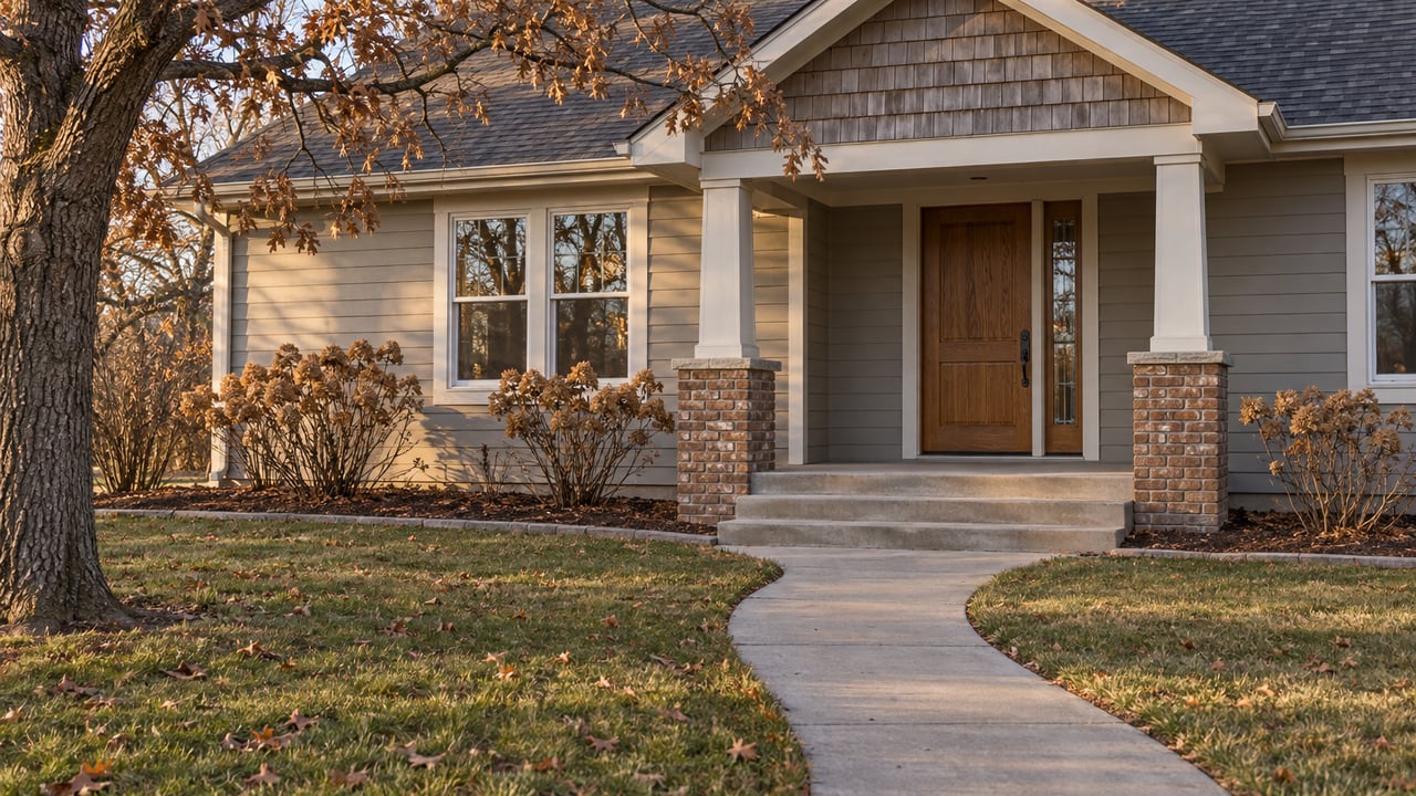 Late-autumn light on a gray clapboard house with a sheltered brick-based porch, concrete approach, dormant lawn, and mature oak.