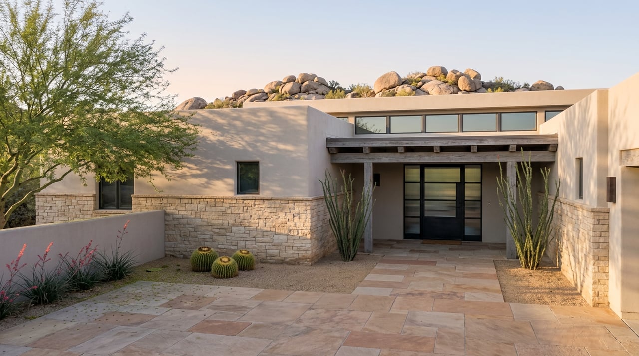 Single-story desert estate with buff-stone walls, timber entry beams, a palo verde tree, and cacti in the motor court.