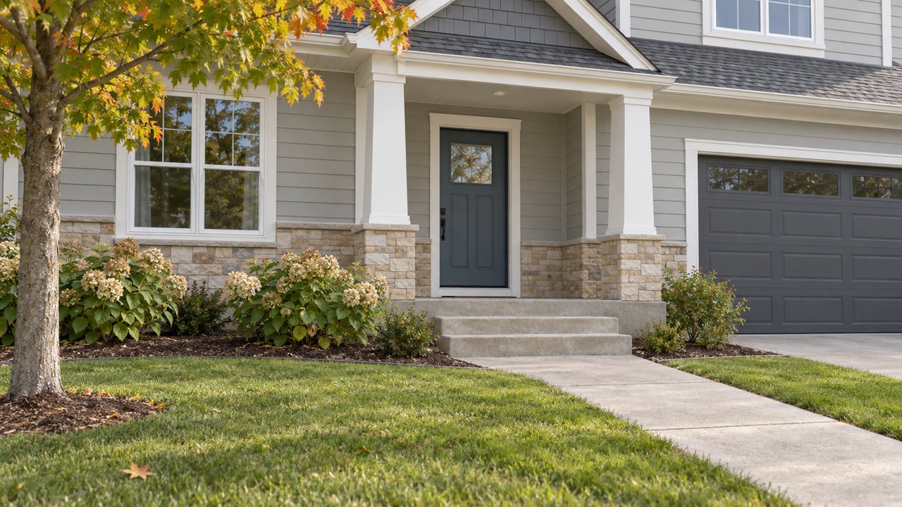 Gray-sided home with a covered front porch, concrete approach, hydrangeas and an early-autumn maple.
