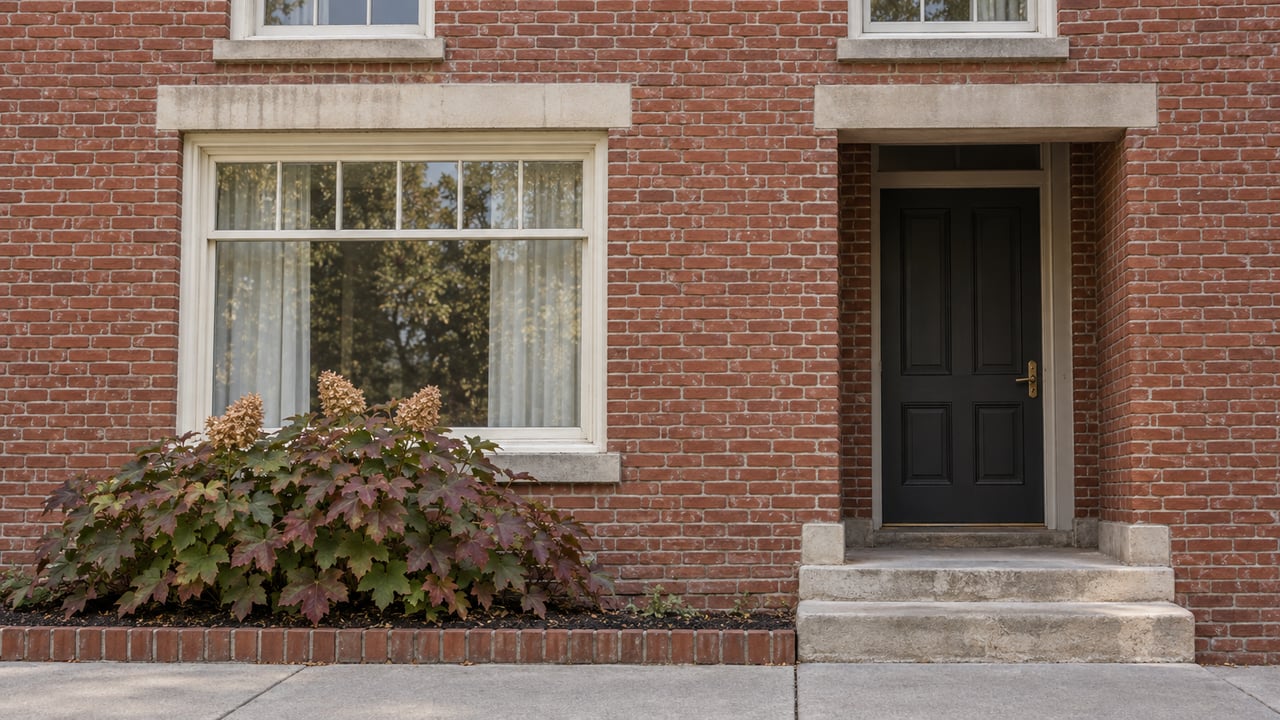 Red brick townhouse frontage with ivory sash windows, a recessed charcoal door, worn limestone steps, and burgundy oakleaf hydrangea beside the sidewalk.