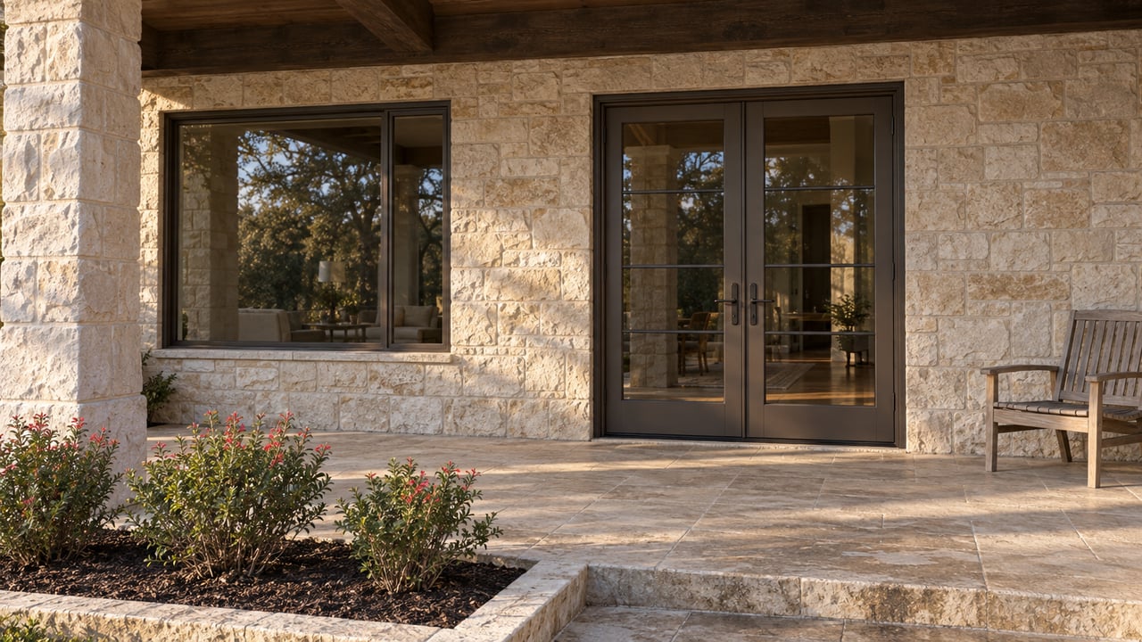 Limestone home terrace with bronze-framed glass doors, a dark oak beam, teak lounge chair and red-flowering autumn sage.