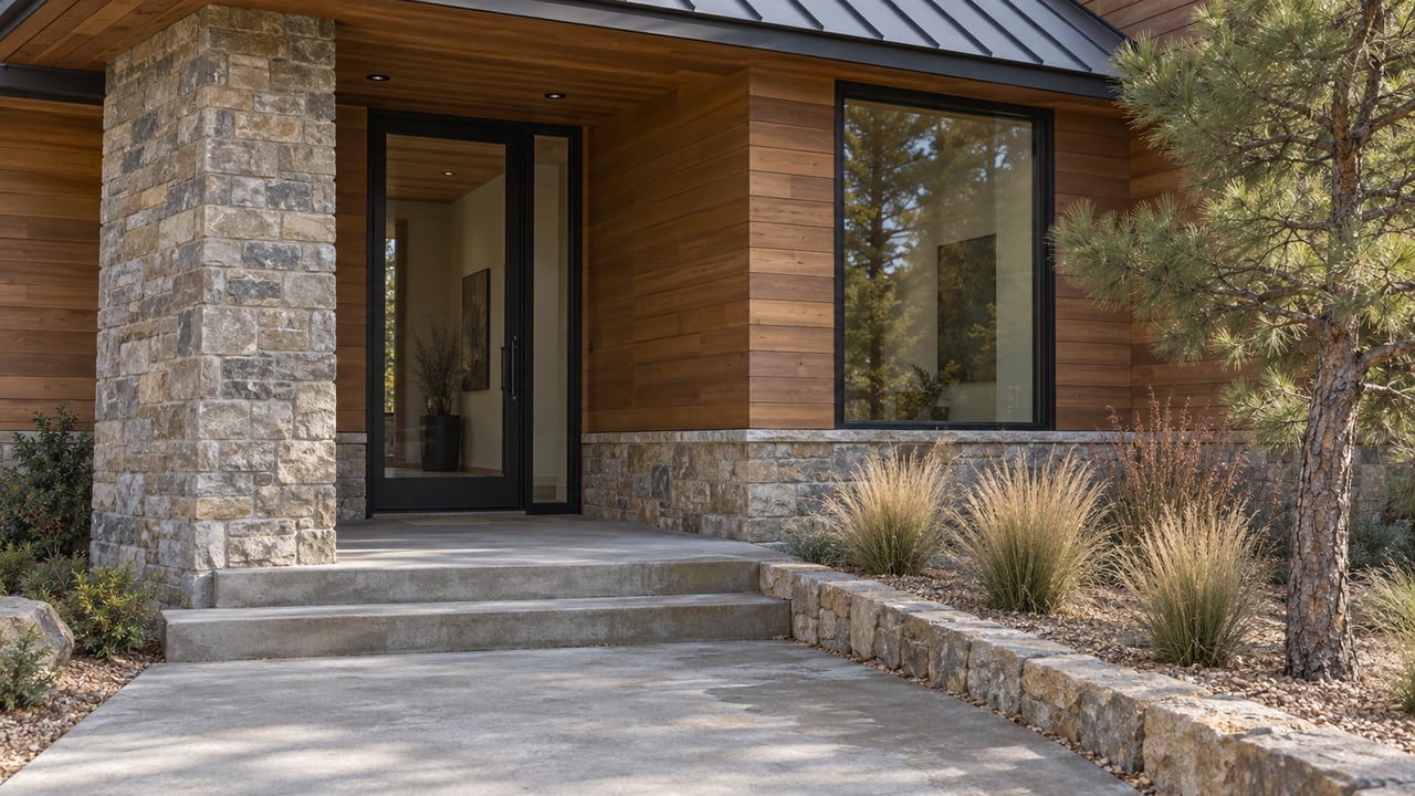 Recessed black-framed glass entry between a rough stone pier and tall window, with cedar siding and prairie grasses.