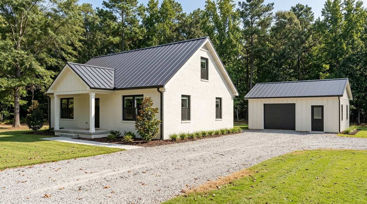 Painted-brick house and metal-roofed detached workshop sit beside a gravel driveway across open acreage.