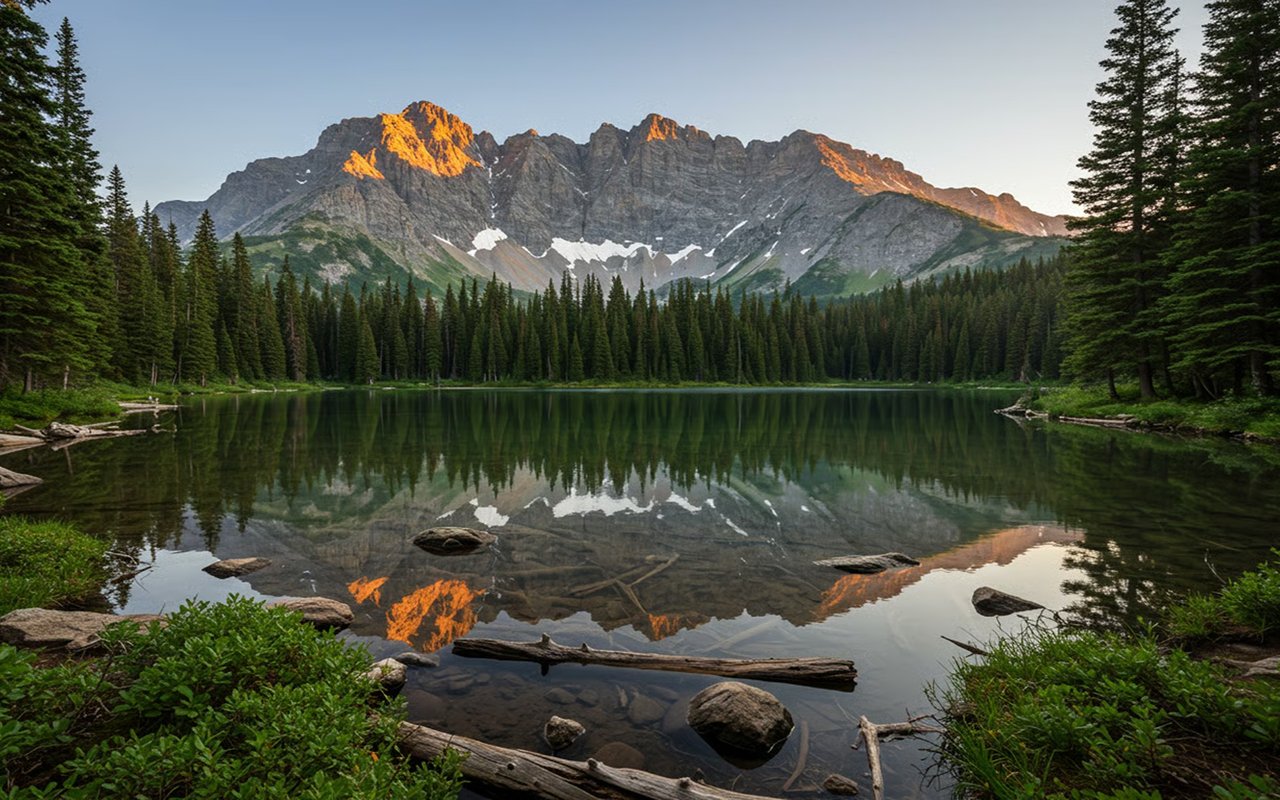 Mountain lake reflecting a rugged, sunlit range, framed by evergreen forest.