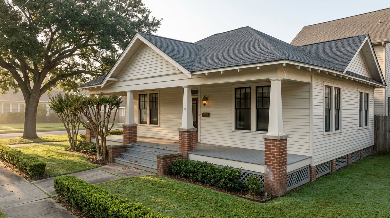 Raised off-white bungalow with a deep porch, brick piers, and oak-shaded lawn.