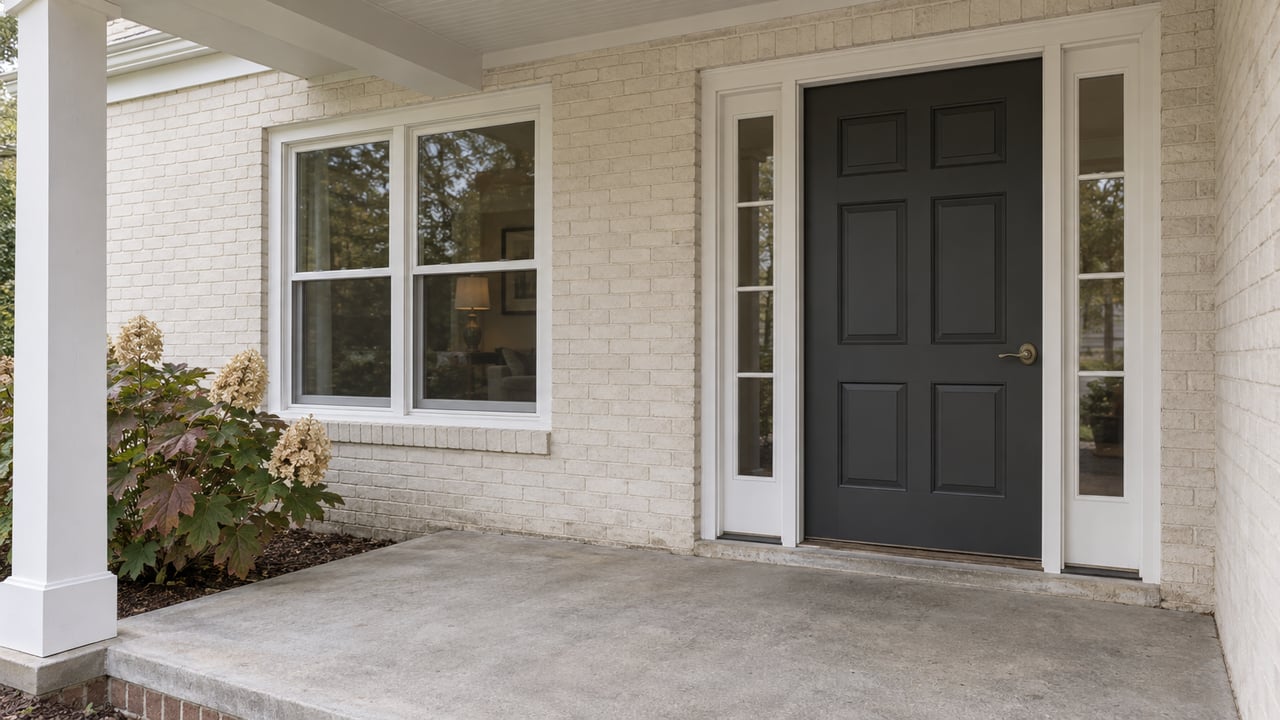 Covered porch with off-white painted brick, a charcoal front door, paired sidelights and autumn oakleaf hydrangea beside a concrete step.