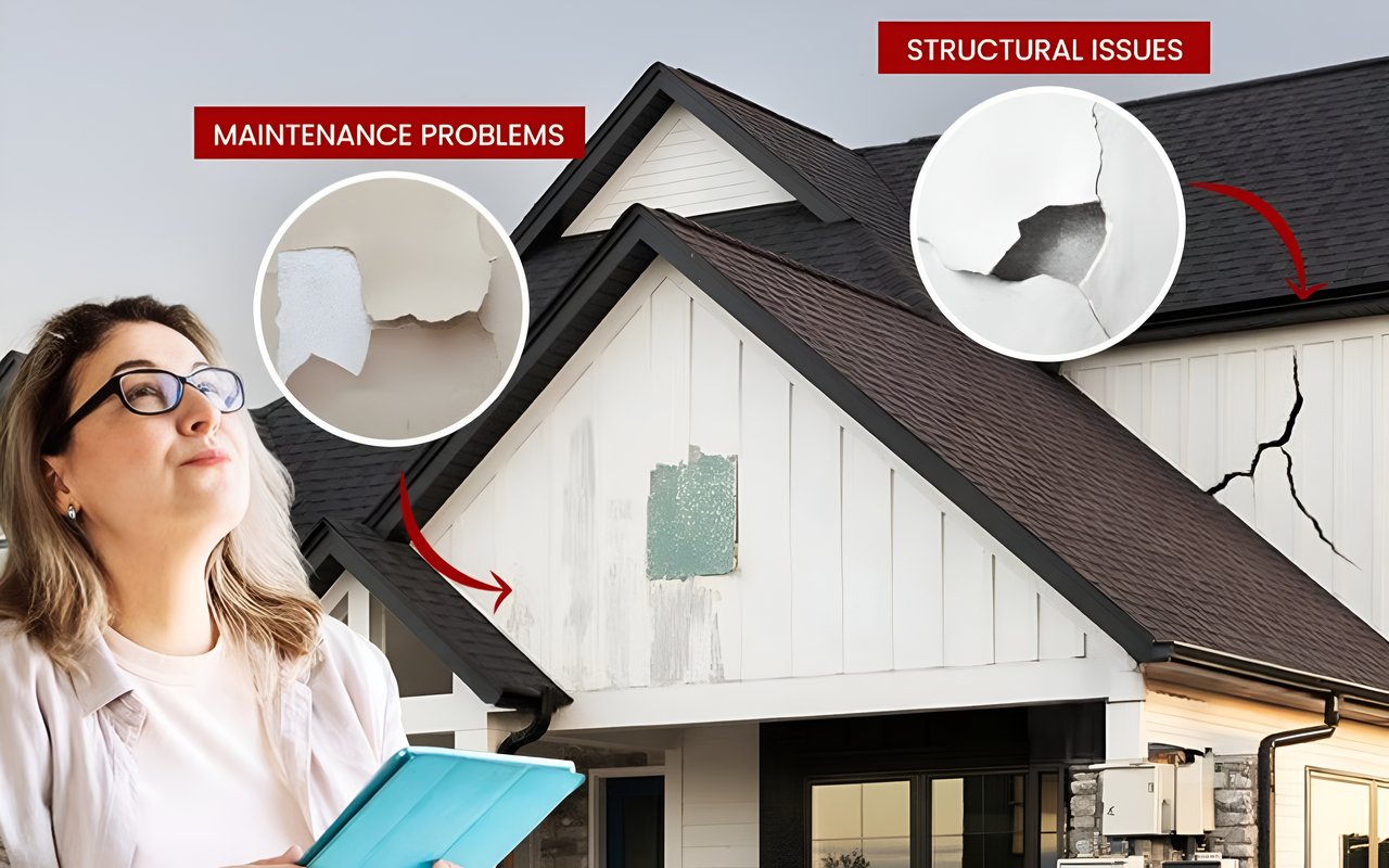 Home inspection graphic highlighting peeling paint and structural cracks as maintenance problems and structural issues.