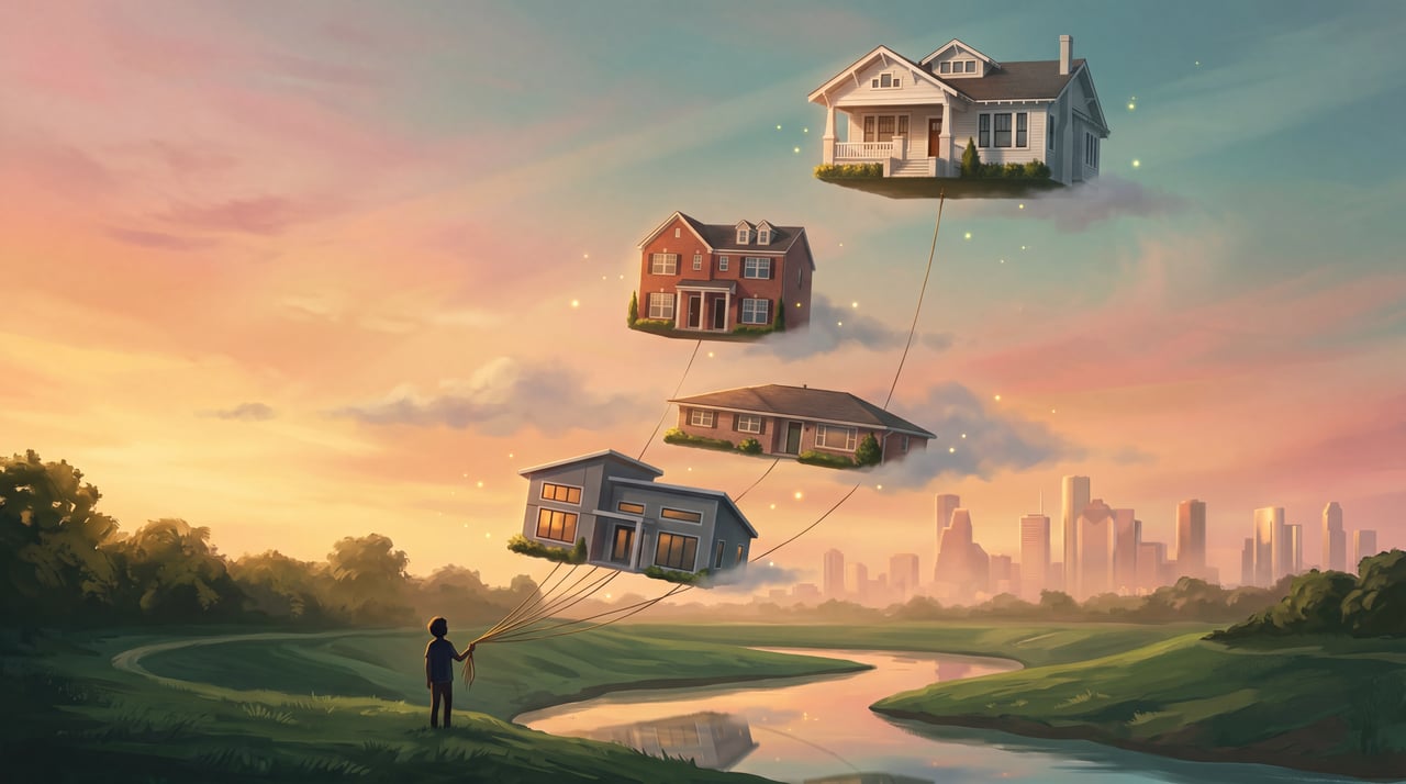 Four houses float like tethered balloons over a river and the Houston skyline as a person holds the strings