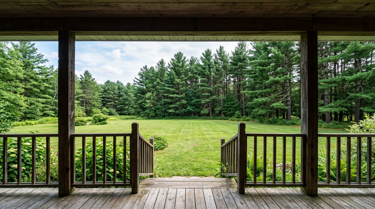 View from a covered porch across a lawn toward a stand of pines beneath a hazy, overcast sky.
