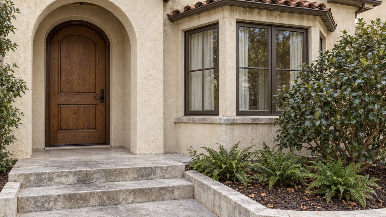 Cream stucco home with an arched oak front door, bronze-painted bay windows, weathered limestone steps and a camellia planting bed.